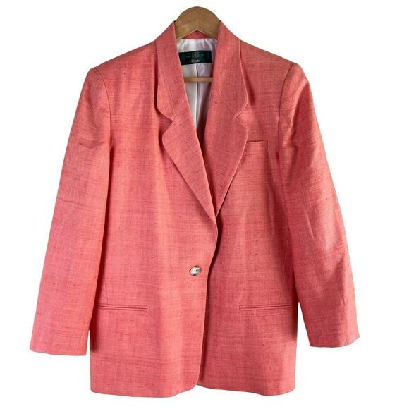 Orvis VTG 100% Silk Woven Blazer Jacket One Button Front Coral Pink Salmon Sz 10 - Picture 1 of 8